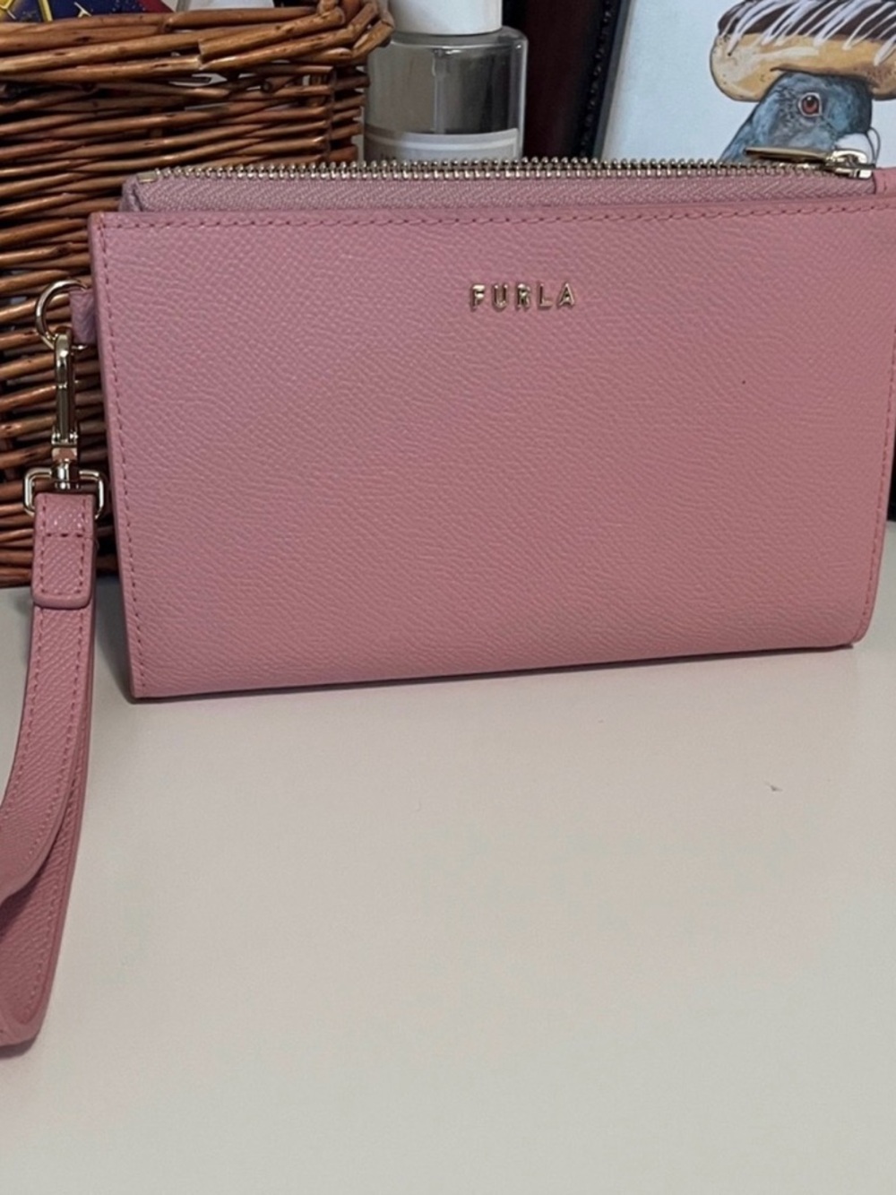 Furla Rose Pink Leather Wristlet Clutch with Gold Hardware